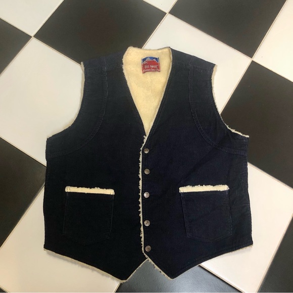 Vintage 70s Big Smith Outerwear Western Corduroy Vest Navy Cream Sherpa Lined L - Picture 1 of 10